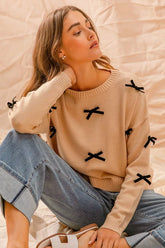 SO ME Ribbon Bow Applique Sweater OATMEAL OutfitFlow